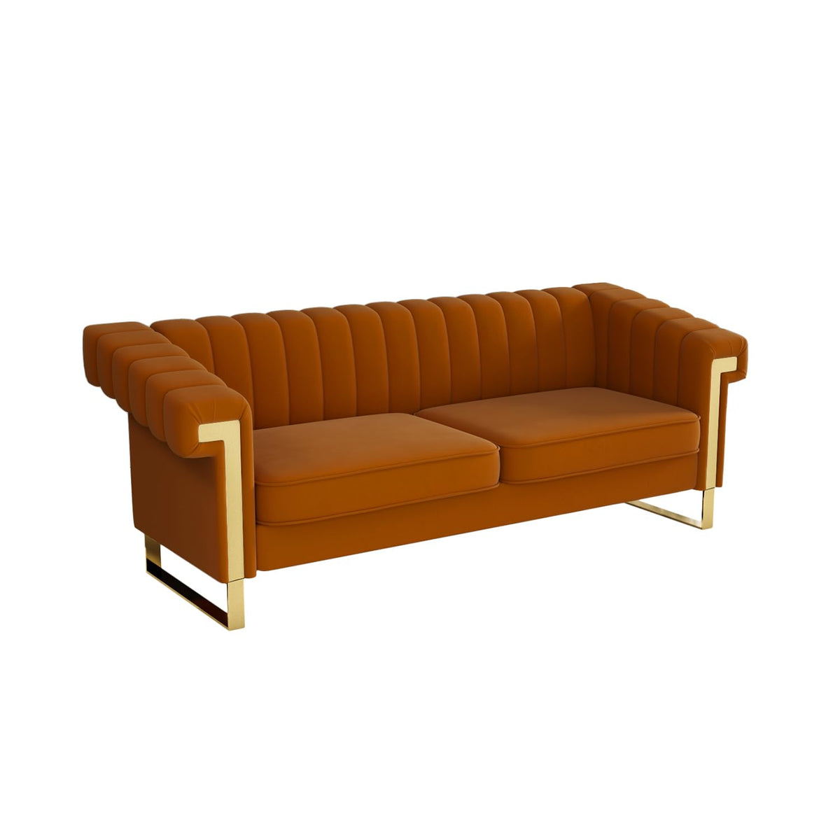 Orange Velvet Channel Tufted Sofa with Gold Metal Legs F638