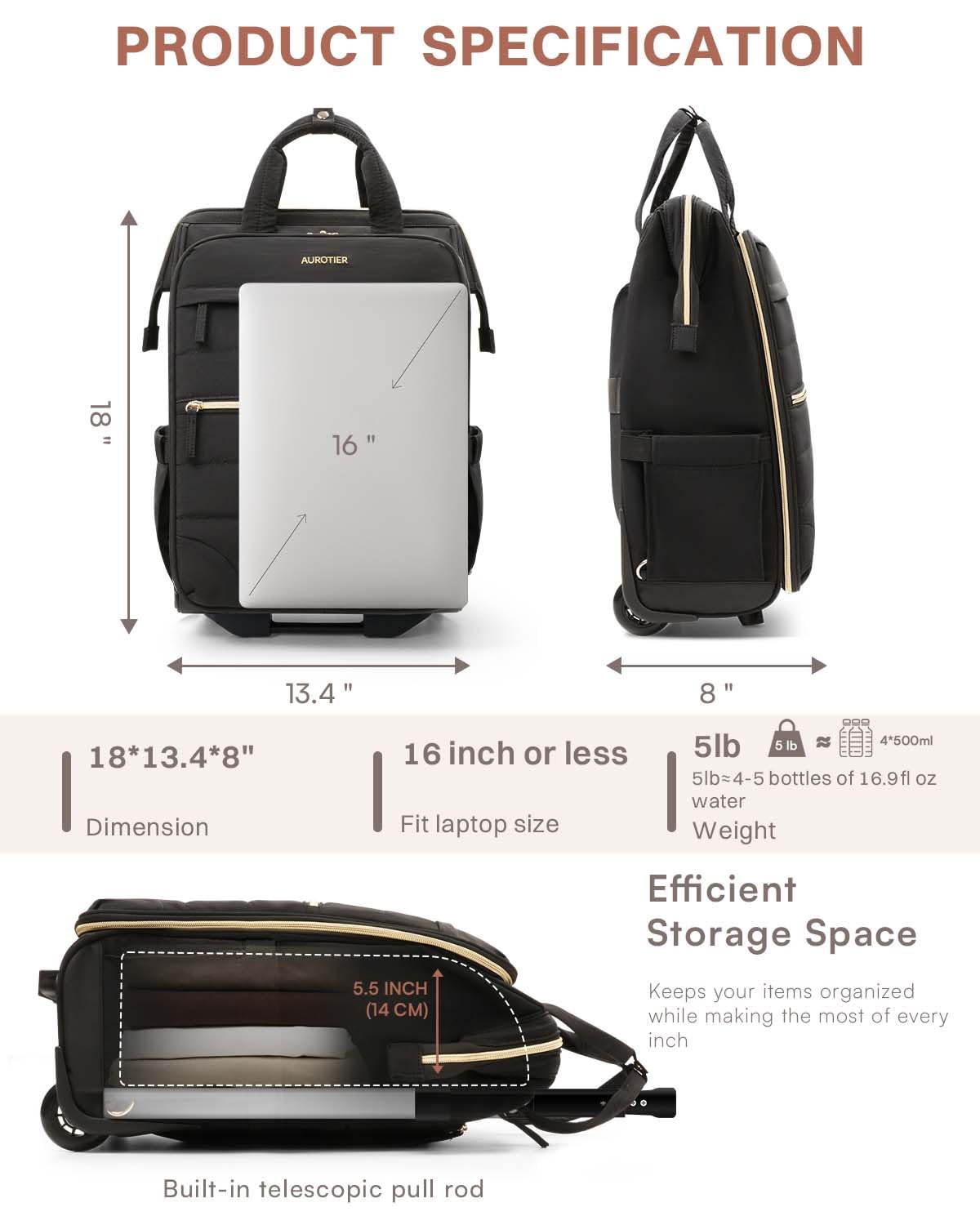 Black Rolling Puffer Backpack with Wheels S33155