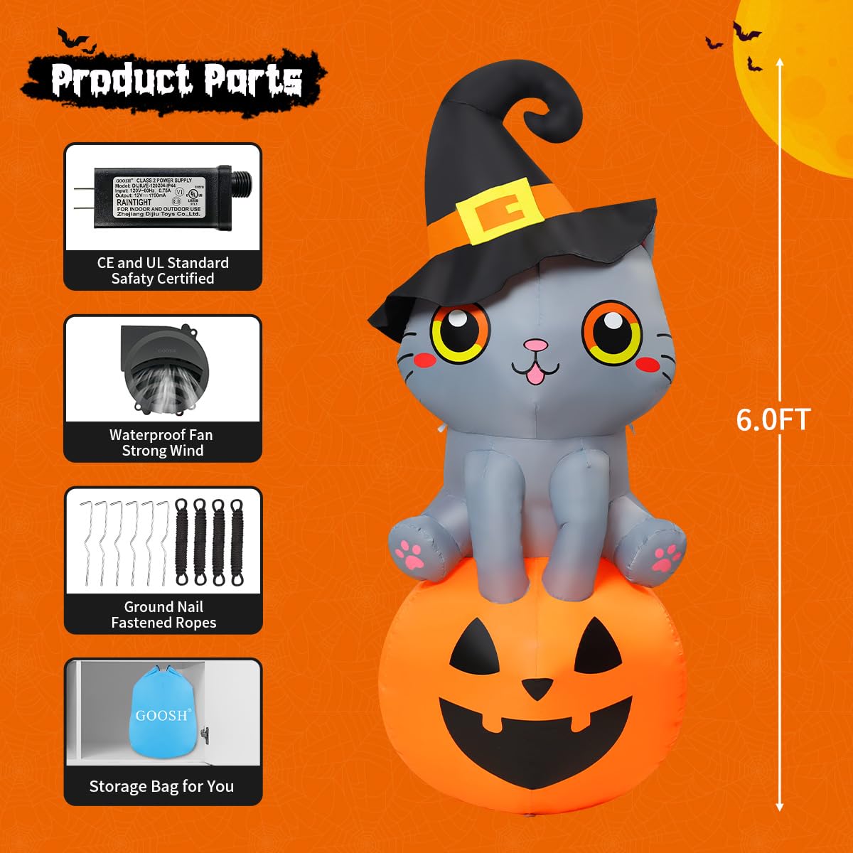 6 FT Halloween Inflatables Cat with Built-in LEDs L634470