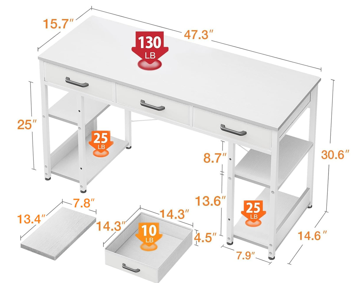 White 48" Computer Desk with Fabric Drawers and Storage Shelves Y4127