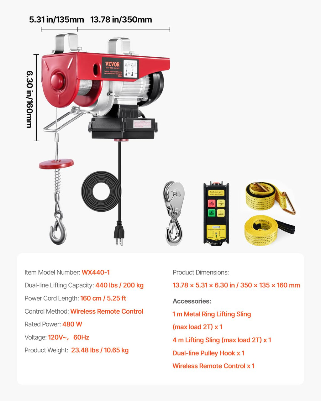 110v 440lbs Electric Hoist with Wireless Remote Control A347