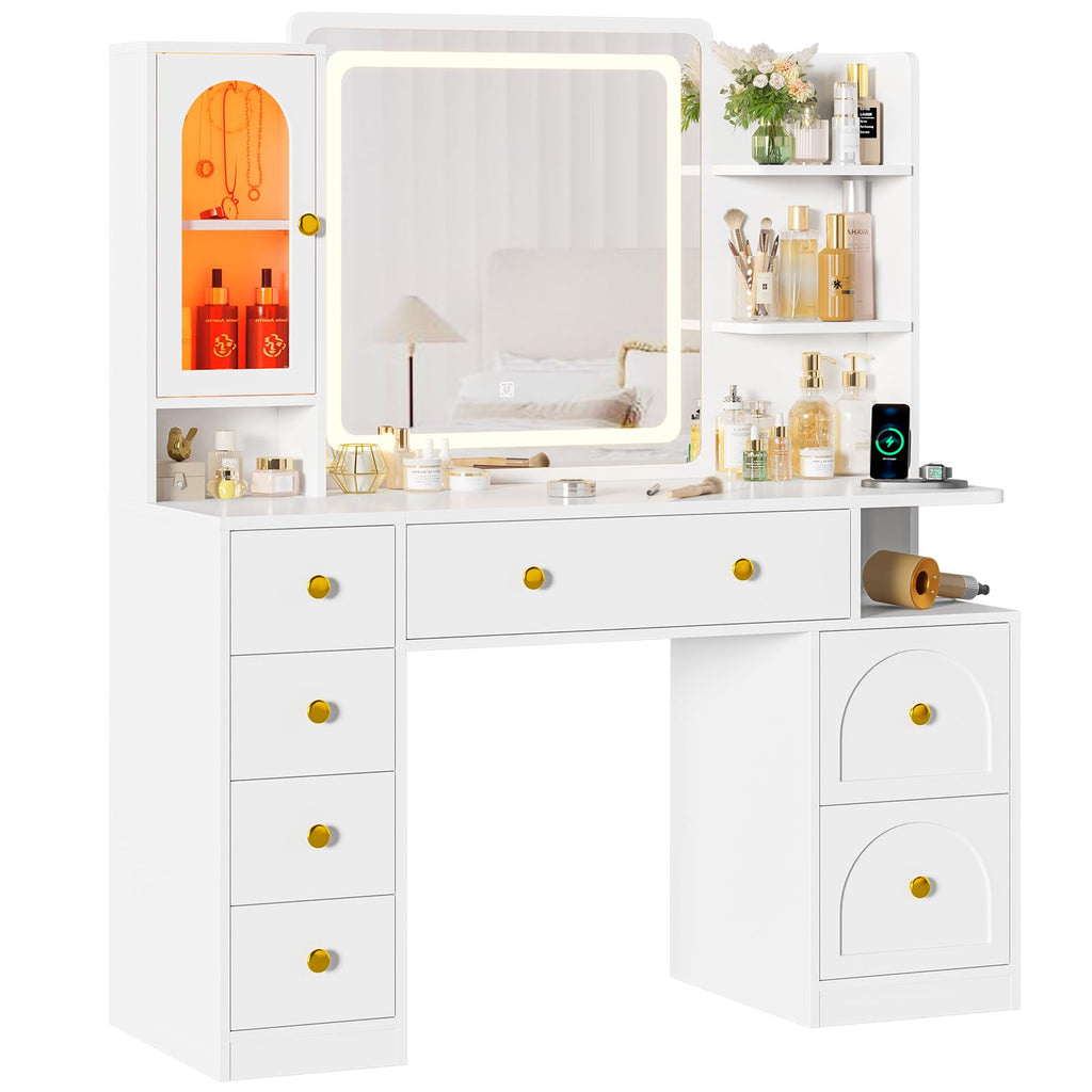 White Vanity Desk with Mirror and LED Lights P59791