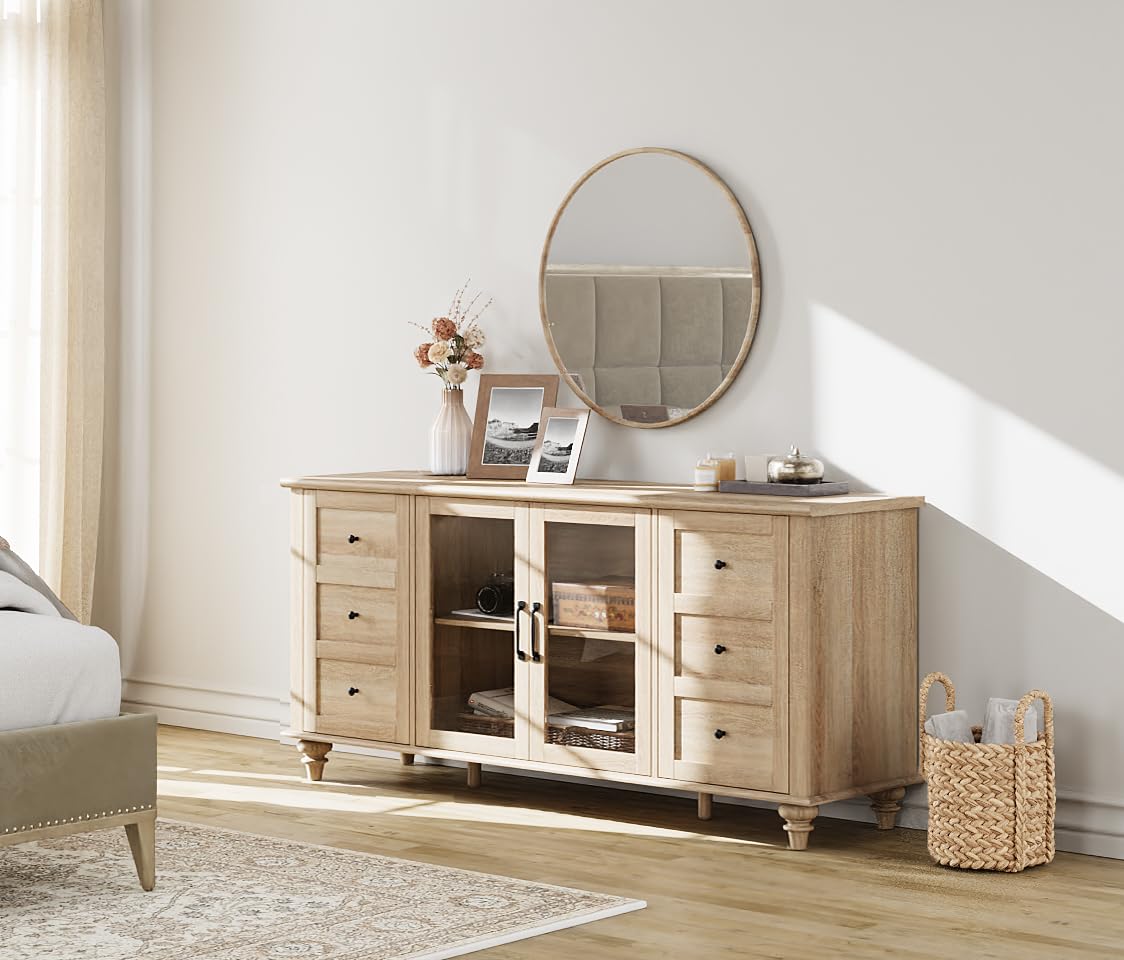 Wood TV Stand for 65 Inch TV with Glass Door S398