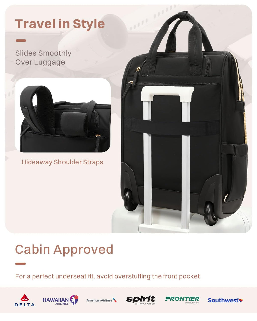 Black Rolling Puffer Backpack with Wheels S33155