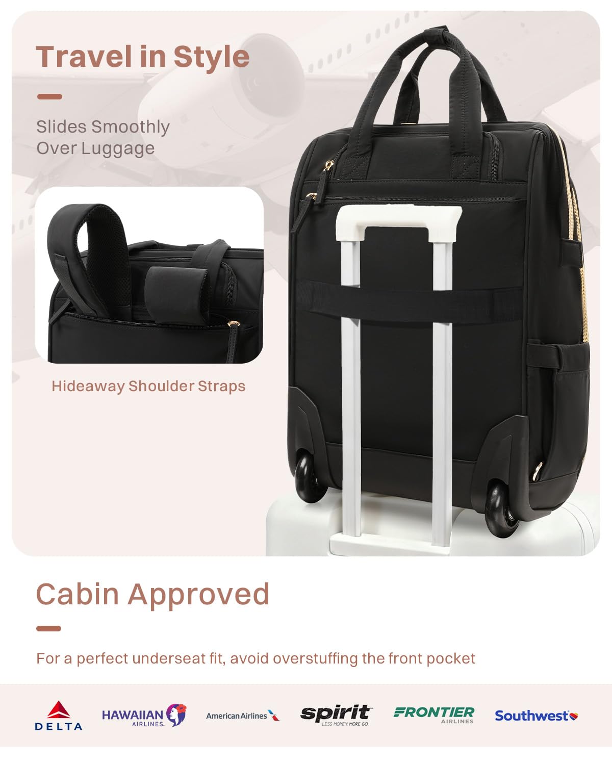 Black Rolling Puffer Backpack with Wheels S33155
