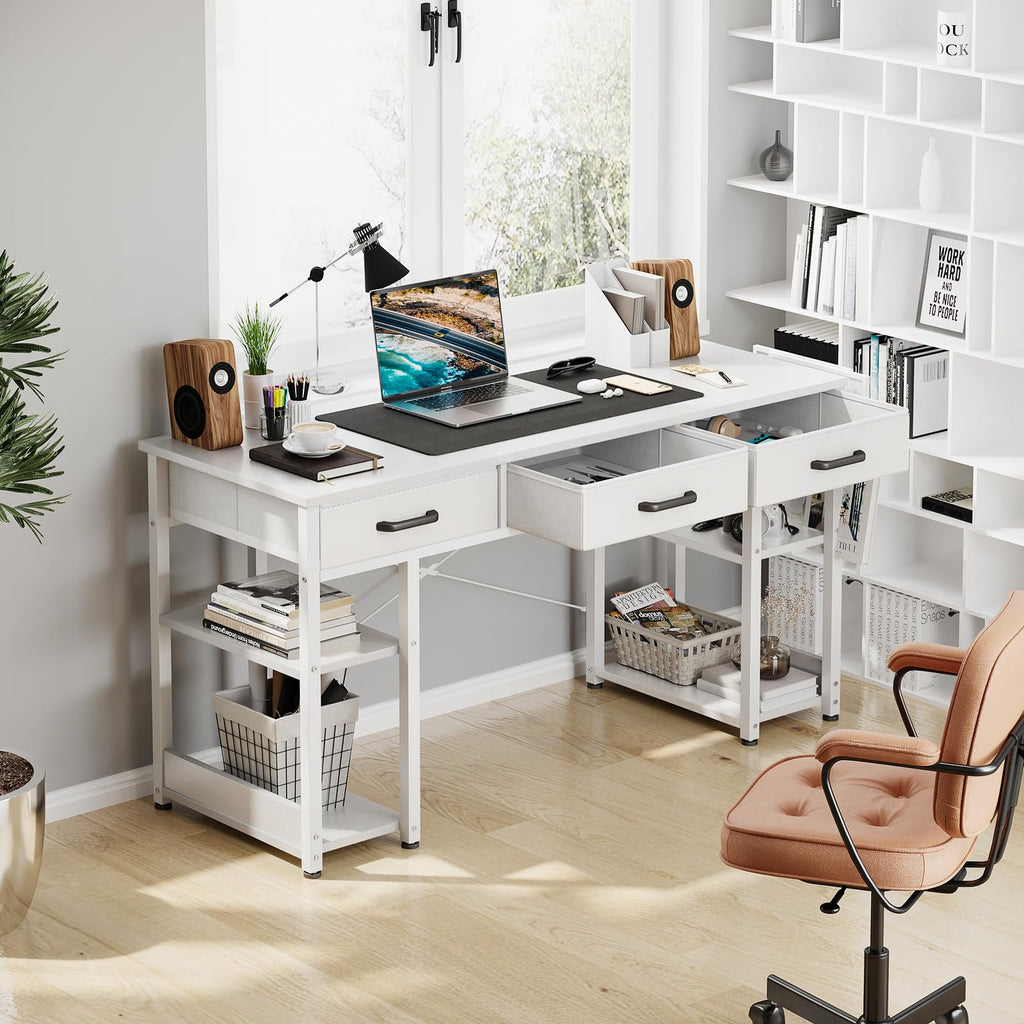 White 48" Computer Desk with Fabric Drawers and Storage Shelves Y4127