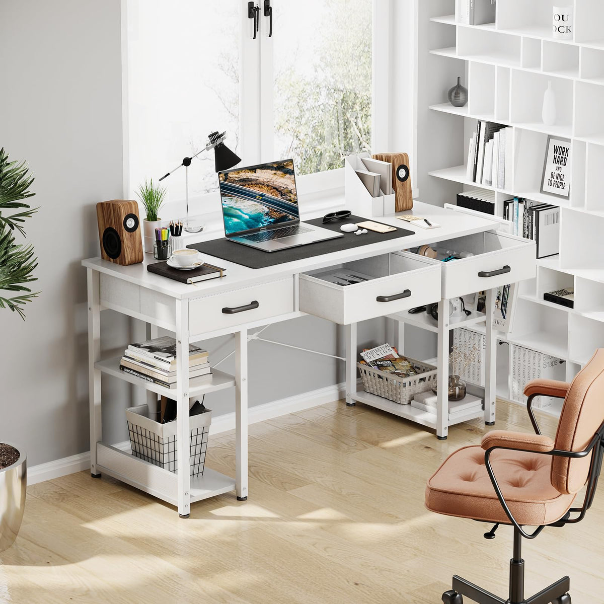 White 48" Computer Desk with Fabric Drawers and Storage Shelves Y4127