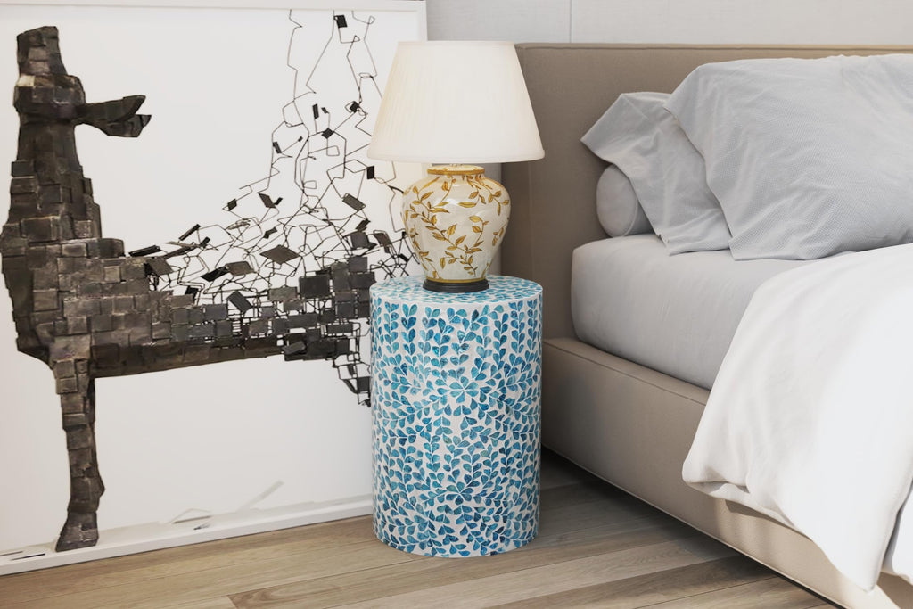 Mother of Pearl Inlaid Cylinder Drum End Table N869