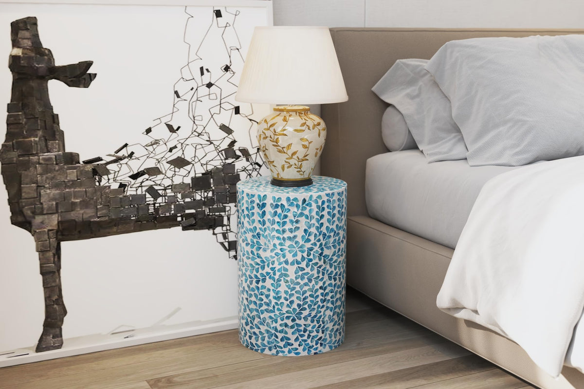 Mother of Pearl Inlaid Cylinder Drum End Table N869