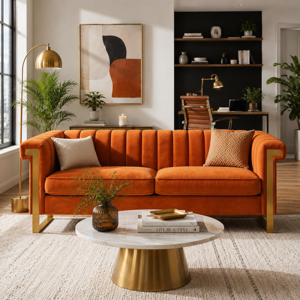 Orange Velvet Channel Tufted Sofa with Gold Metal Legs F638