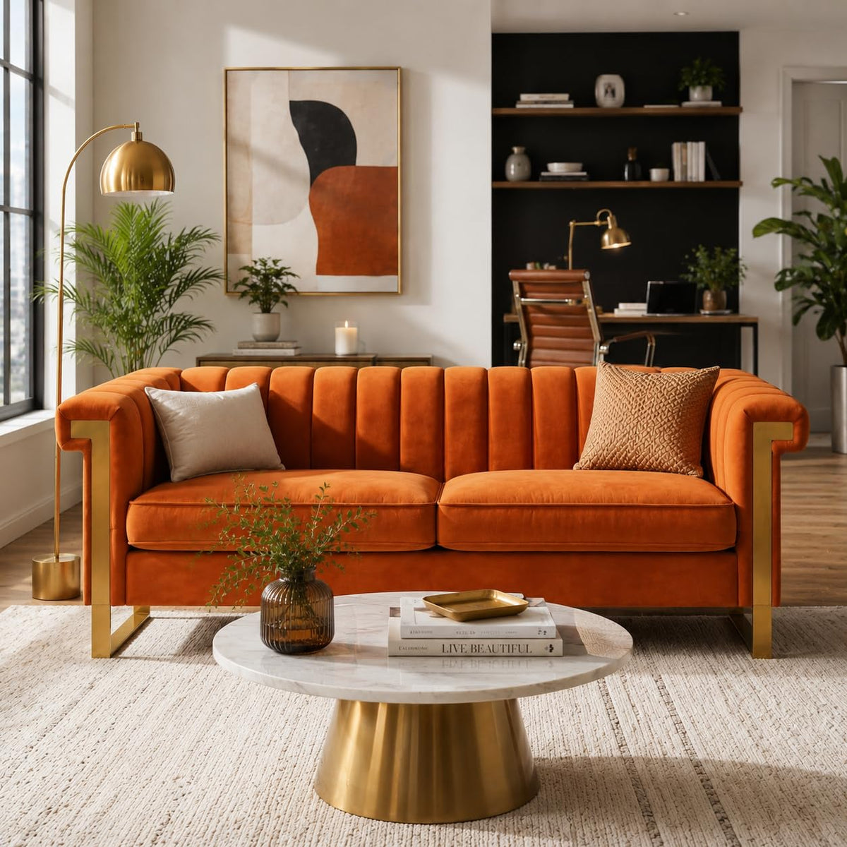 Orange Velvet Channel Tufted Sofa with Gold Metal Legs F638