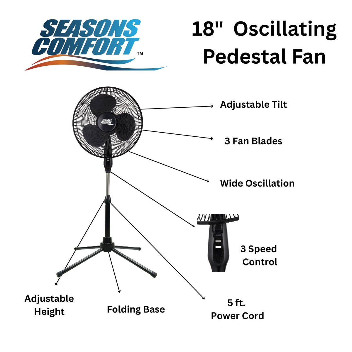 18" Oscillating Pedestal Fan, Adjustable Height, 3 Speed N5720