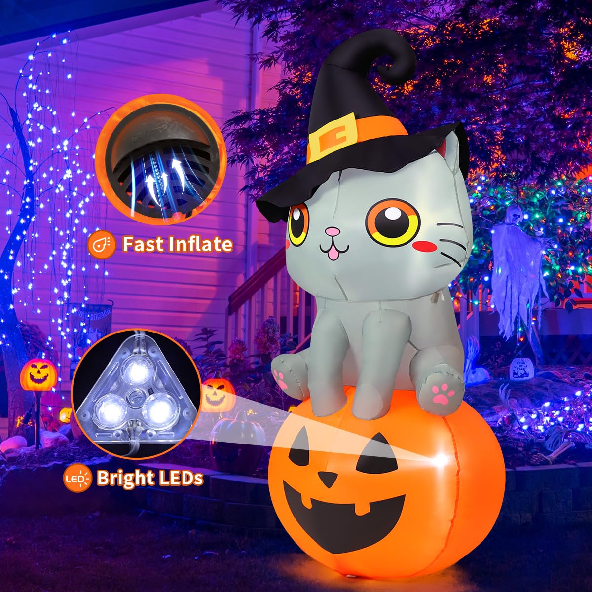 6 FT Halloween Inflatables Cat with Built-in LEDs L634470