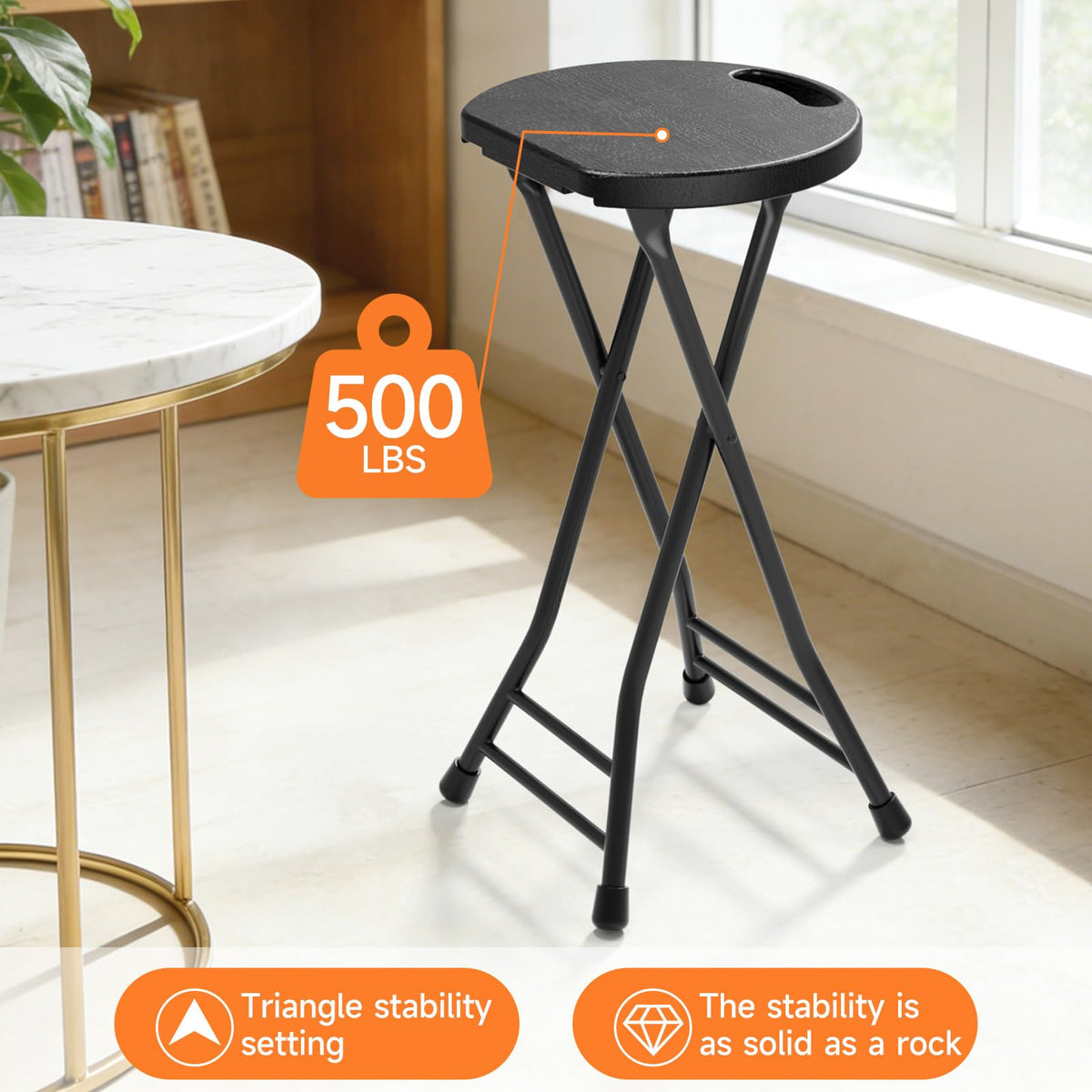 24 Inch Folding Stool 500LBS Capacity Portable Collapsible Stool Black G577862