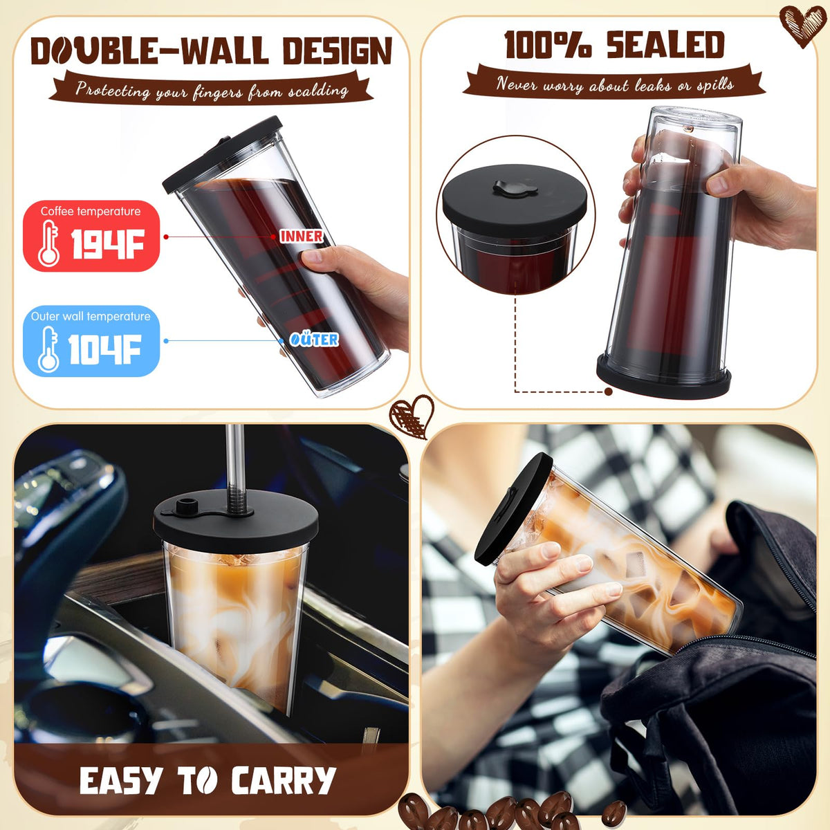 2 Pack 24 oz Clear Plastic Insulated Tumblers with Lids and Straws W301