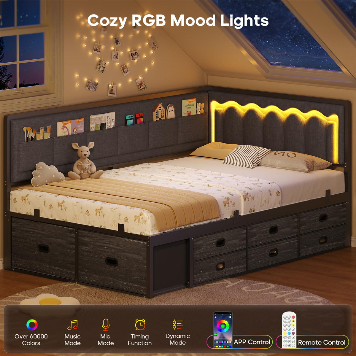 Twin Corner Bed Frame with 8 Storage Drawers and LED Lights, Grey U210