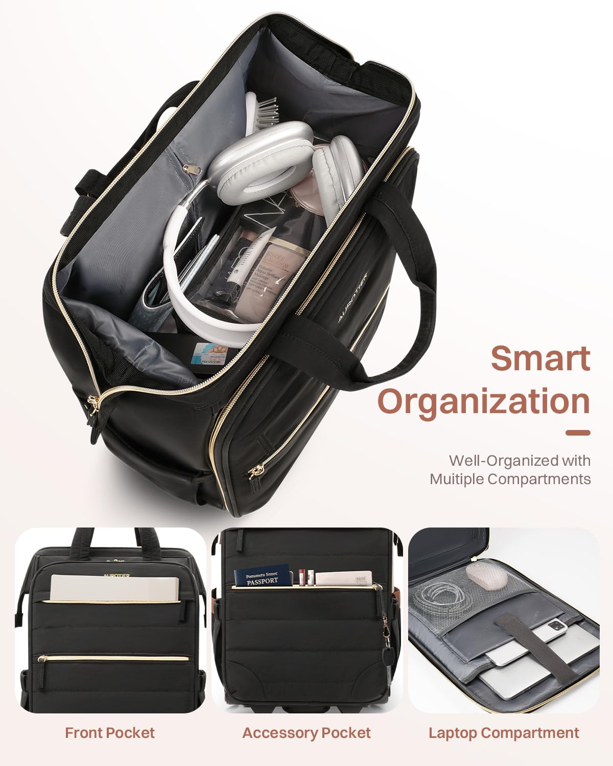 Black Rolling Puffer Backpack with Wheels S33155