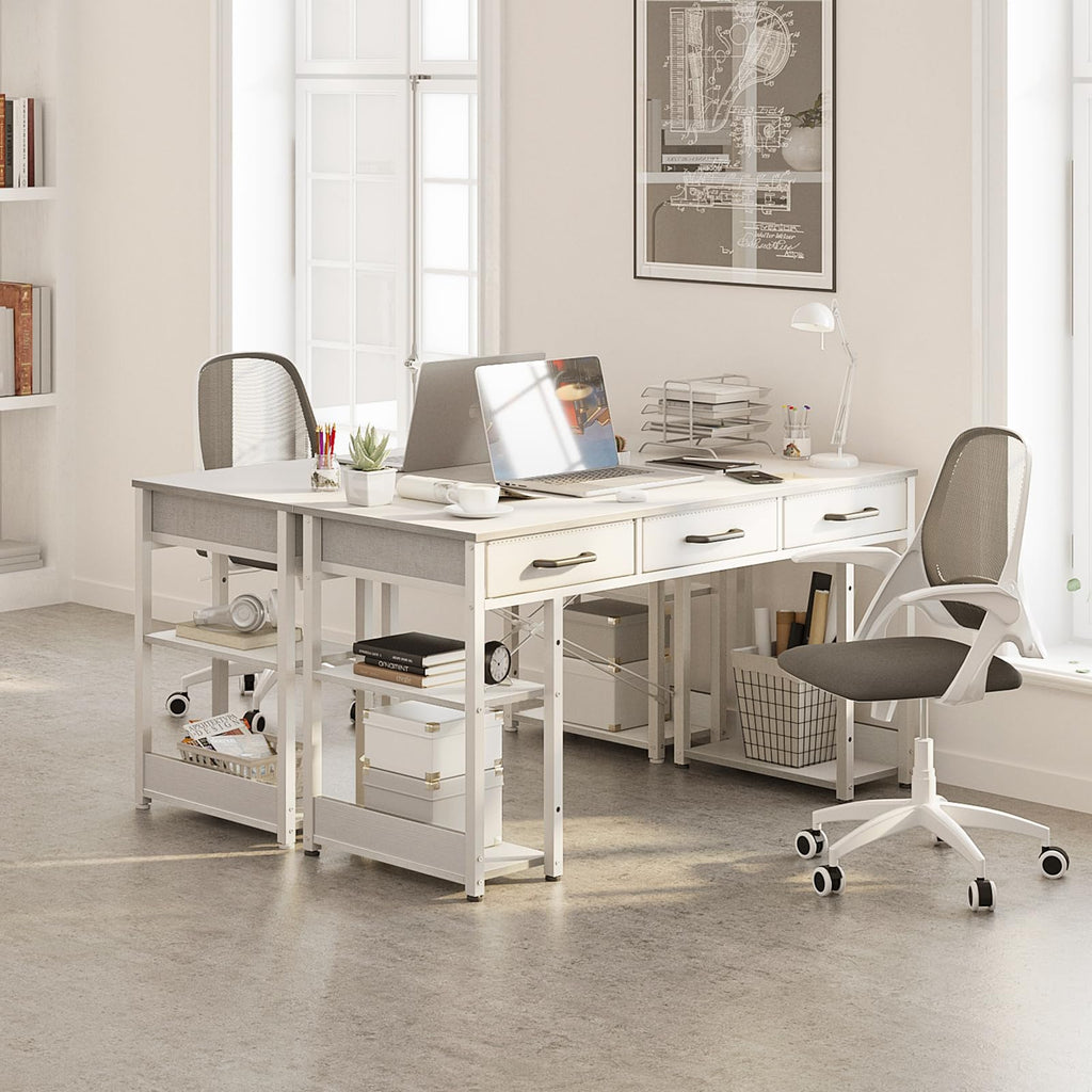 White 48" Computer Desk with Fabric Drawers and Storage Shelves Y4127