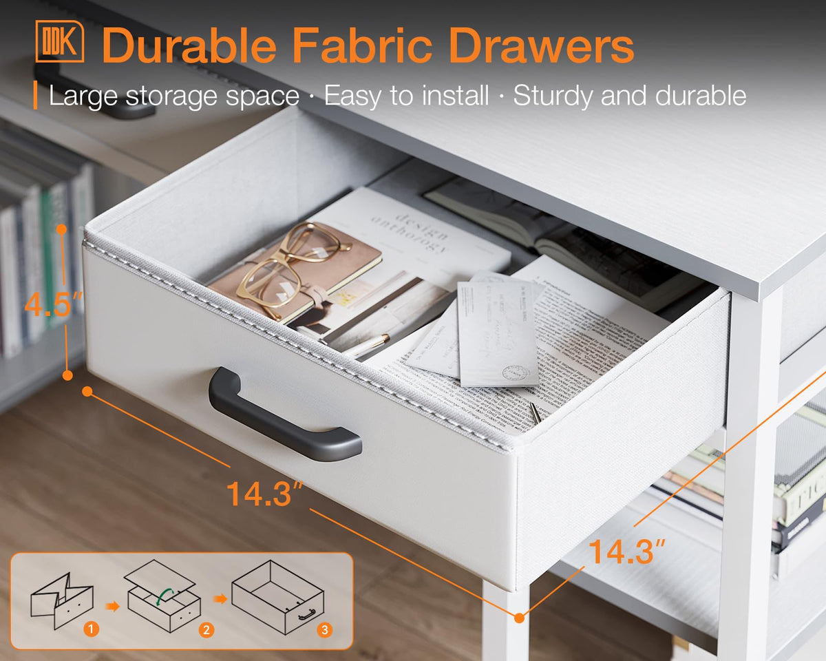 White 48" Computer Desk with Fabric Drawers and Storage Shelves Y4127