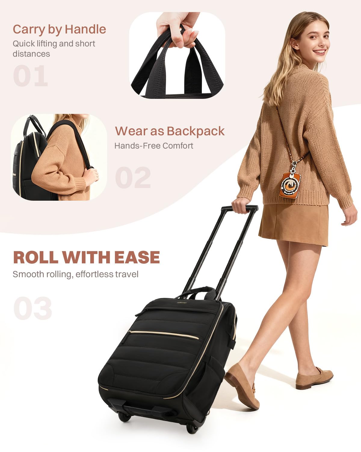 Black Rolling Puffer Backpack with Wheels S33155
