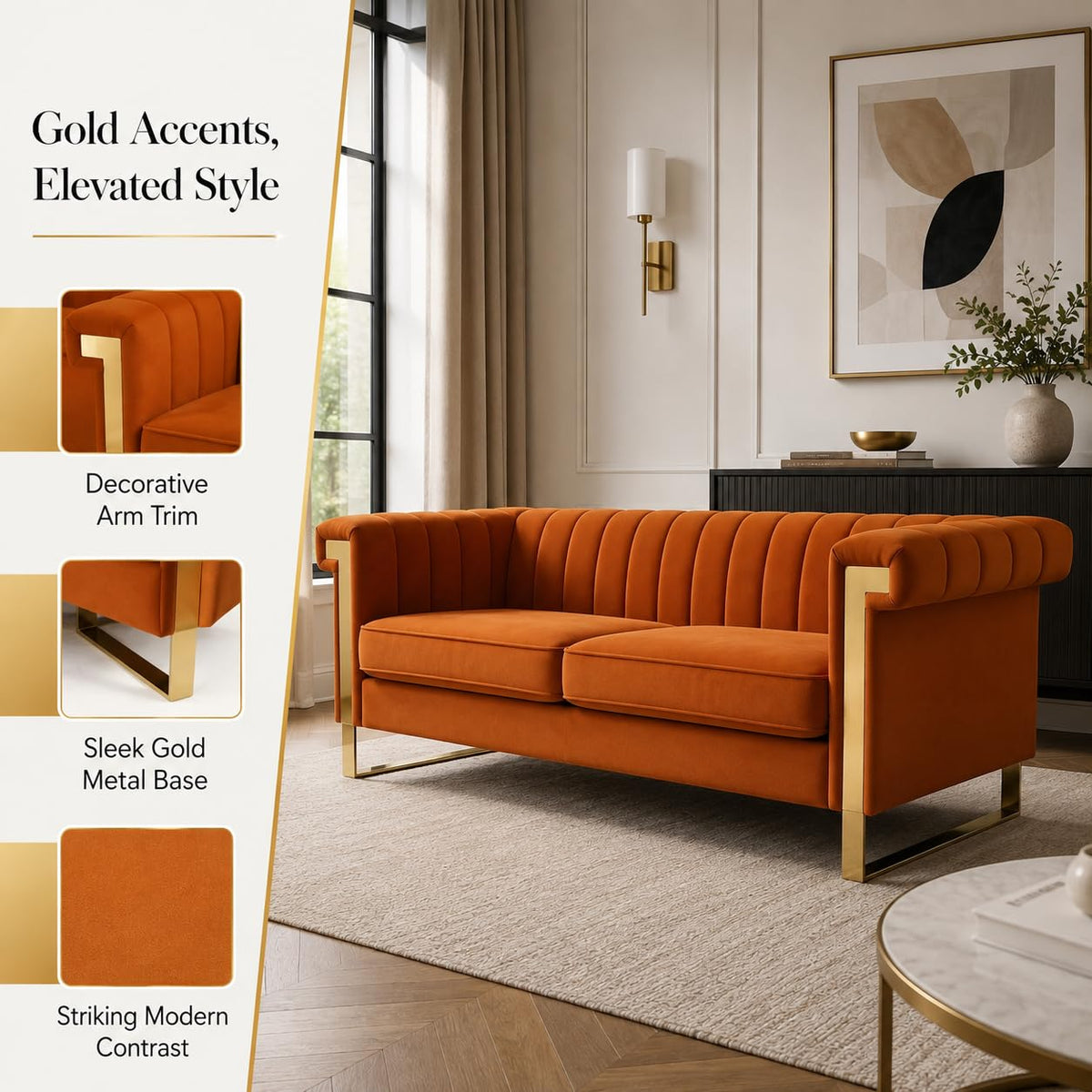Orange Velvet Channel Tufted Sofa with Gold Metal Legs F638