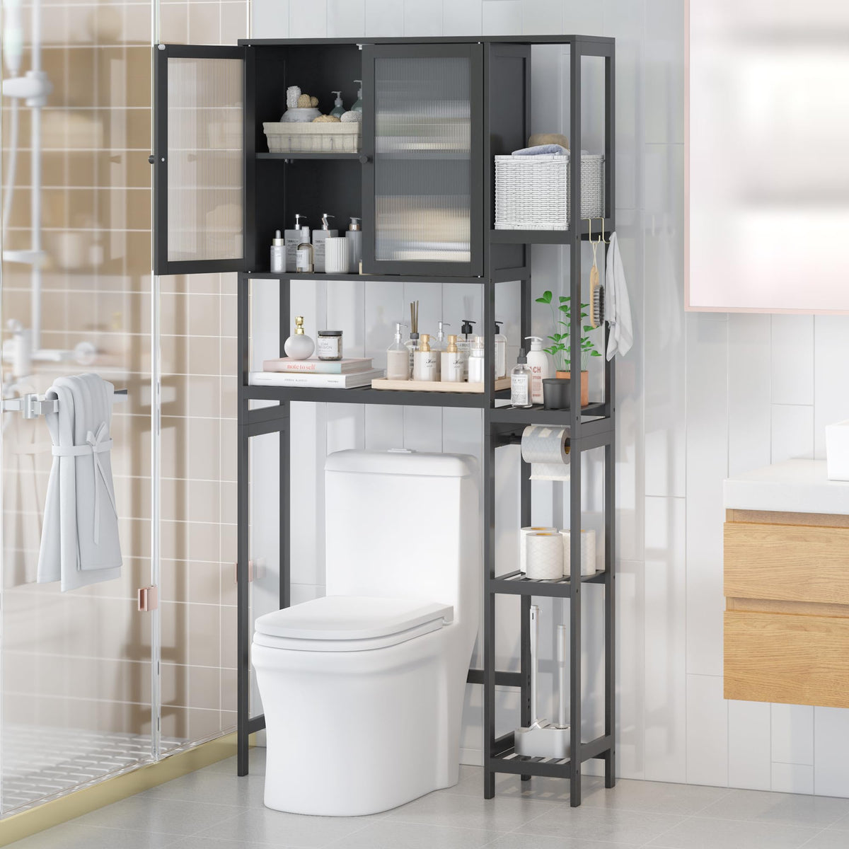 Black Over the Toilet Storage Cabinet with Adjustable Shelves X731562