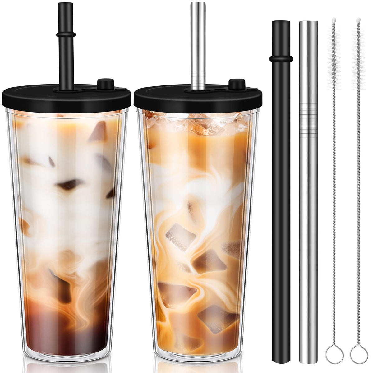 2 Pack 24 oz Clear Plastic Insulated Tumblers with Lids and Straws W301
