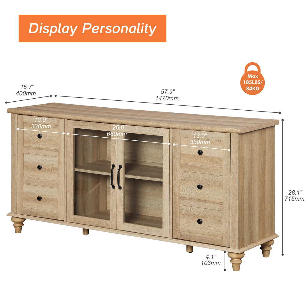 Wood TV Stand for 65 Inch TV with Glass Door S398