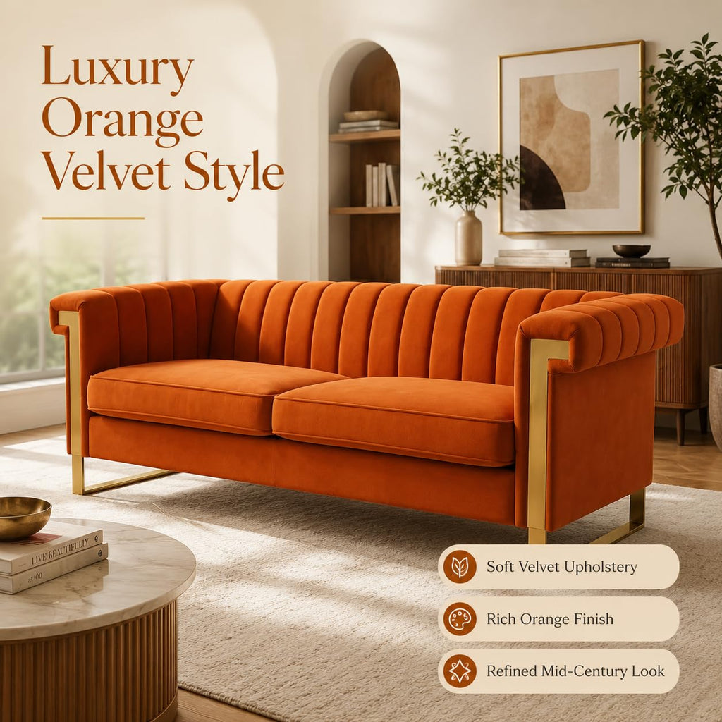 Orange Velvet Channel Tufted Sofa with Gold Metal Legs F638