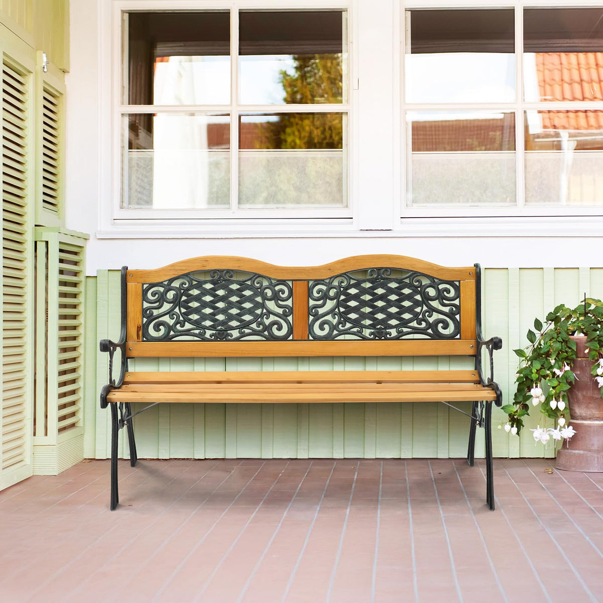 Cast Iron Teak Outdoor Bench 3-Seater Y2633