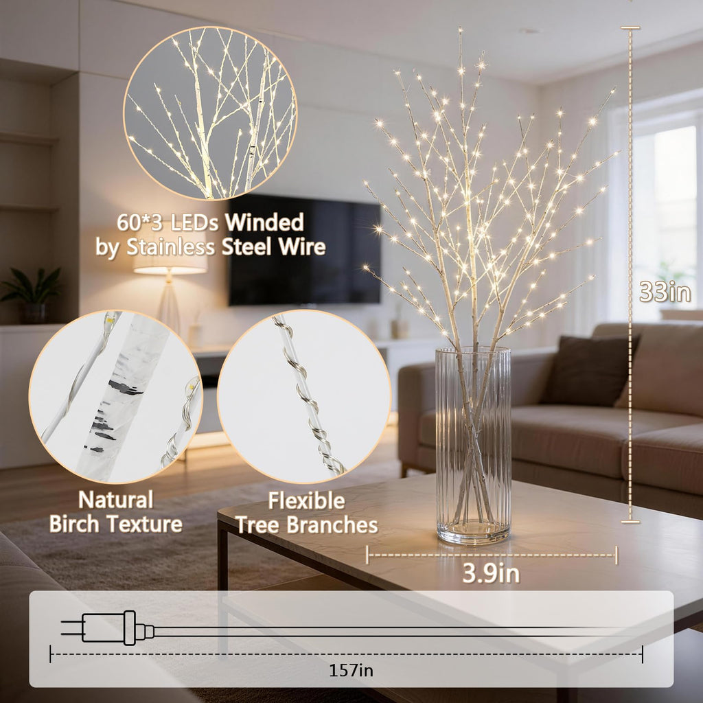 Lighted Birch White Tree Branches 33IN 180LED with Timer C626