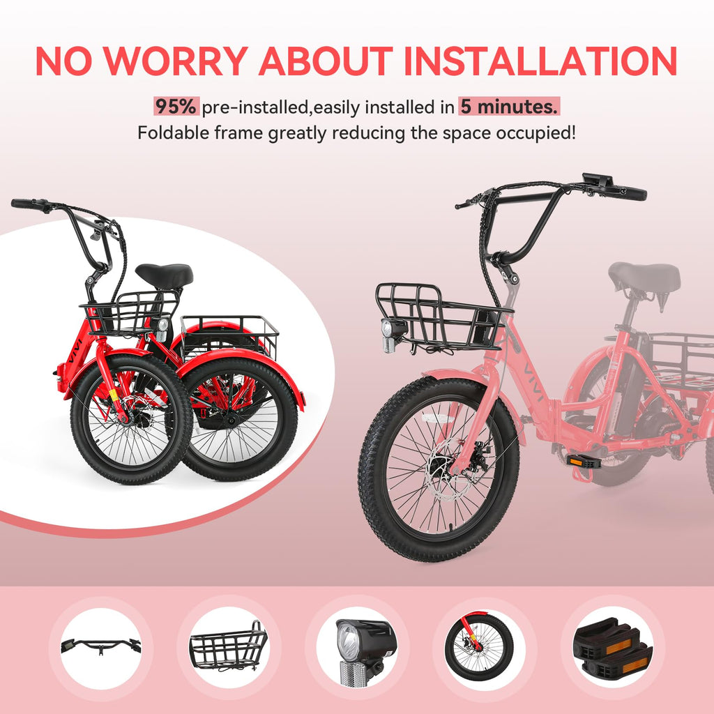 Electric Tricycle for Adults with Basket, Folding 3-Wheel Electric Bike with Removable Battery Y2759