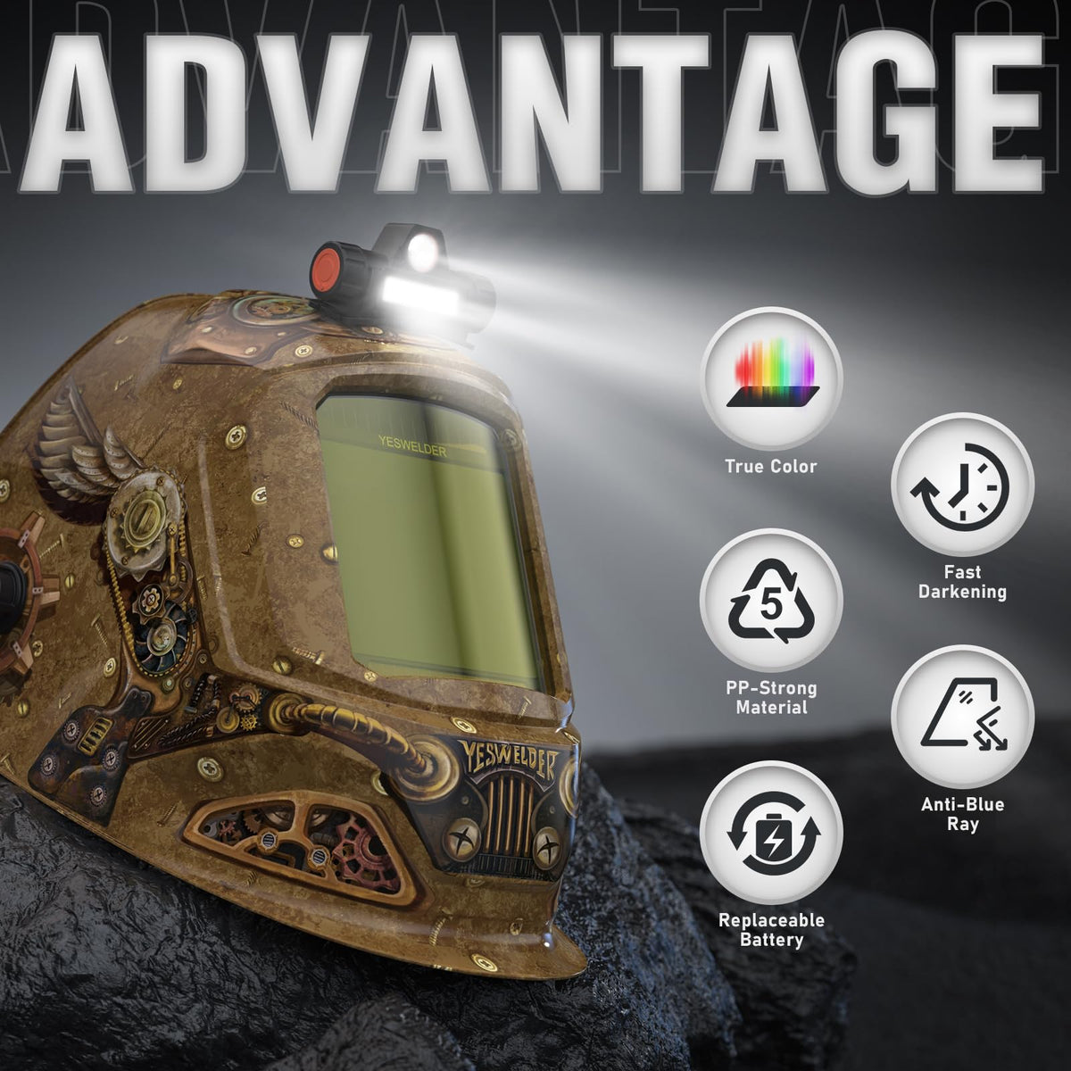 Auto-Darkening Welding Helmet with USB LED Work Light A96462