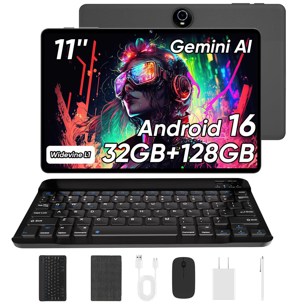 11 Inch Android 16 Tablet with Keyboard, 32GB RAM 128GB ROM, 8000mAh, Black Y7717