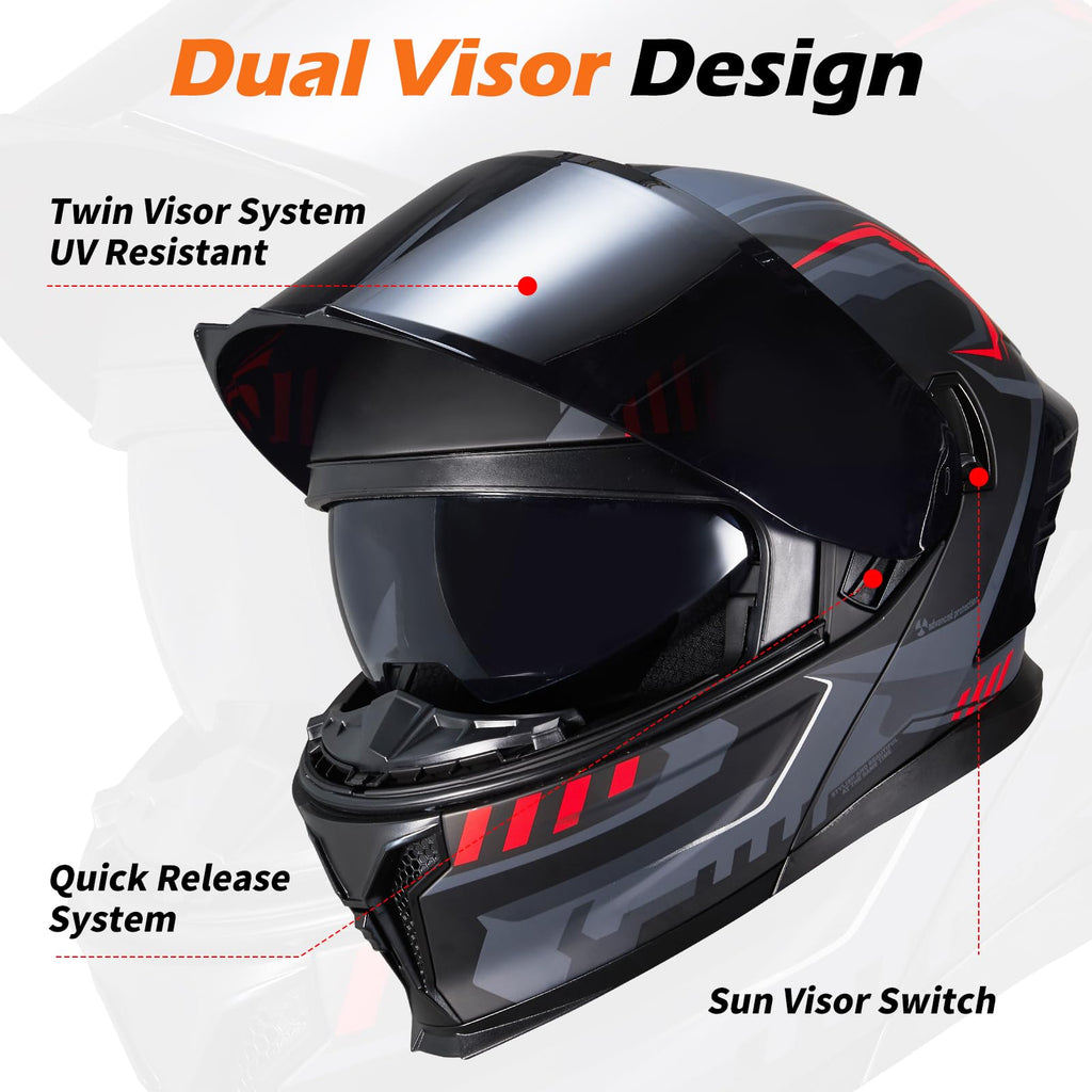 Dual Visor Flip up Modular Full Face Motorcycle Helmet F30363