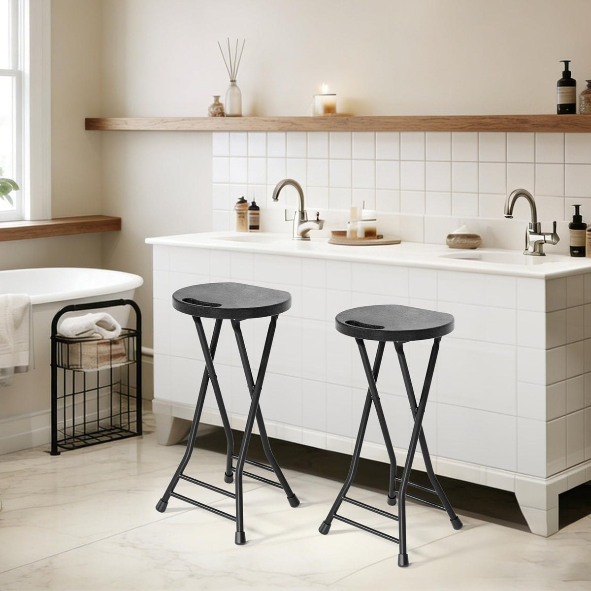 24 Inch Folding Stool 500LBS Capacity Portable Collapsible Stool Black G577862