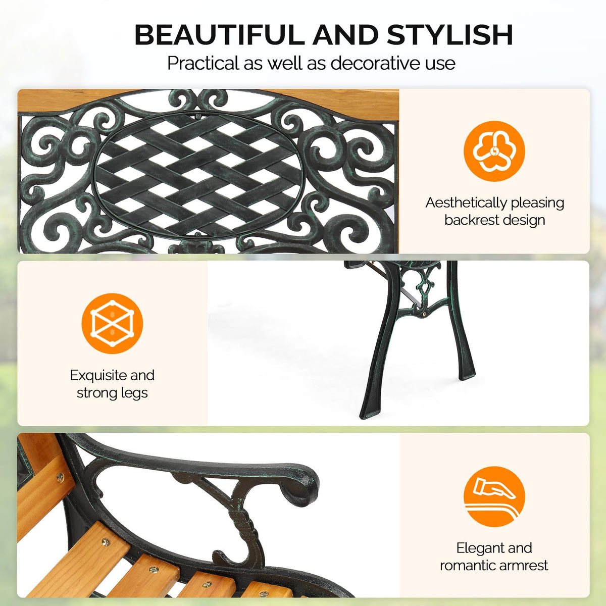 Cast Iron Teak Outdoor Bench 3-Seater Y2633