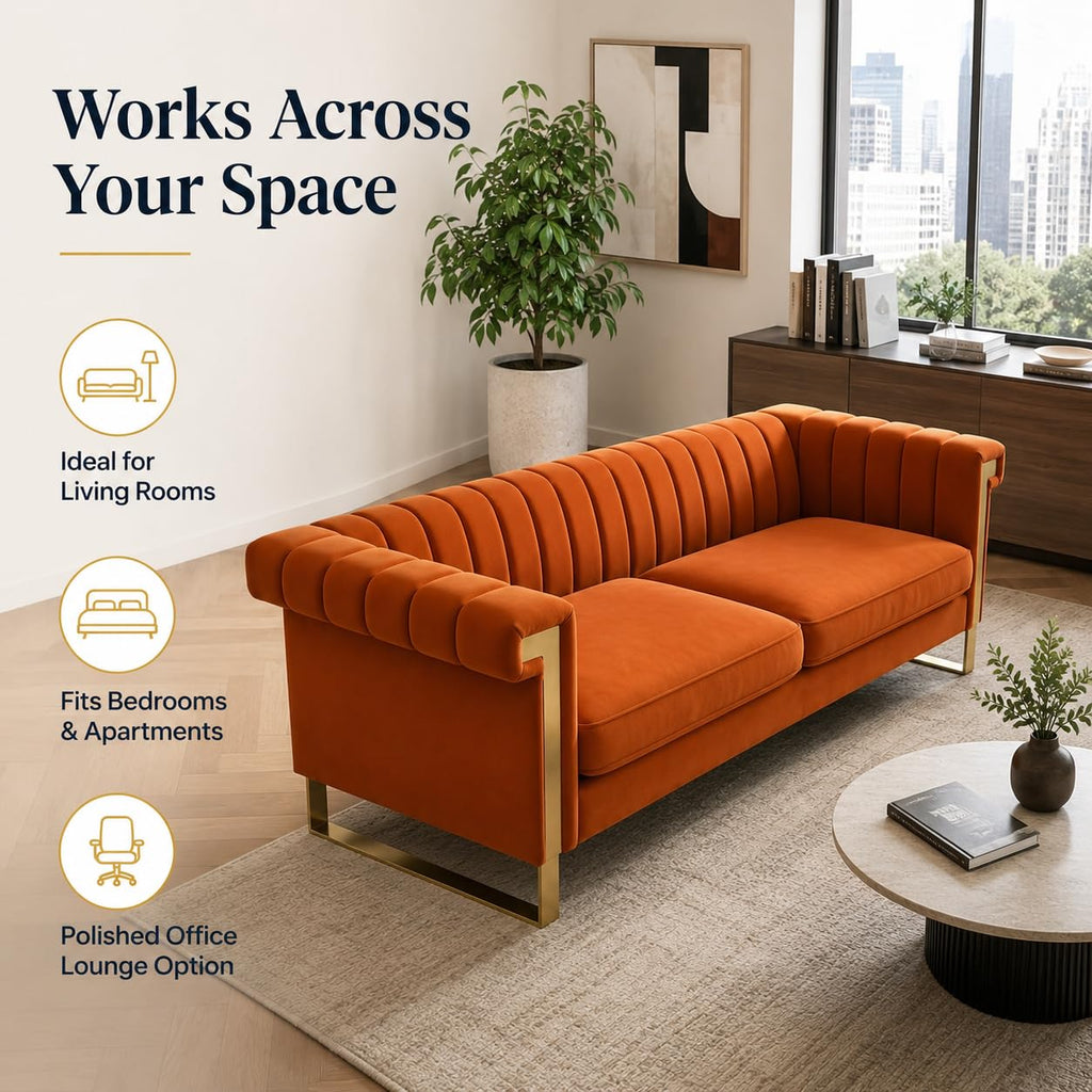 Orange Velvet Channel Tufted Sofa with Gold Metal Legs F638