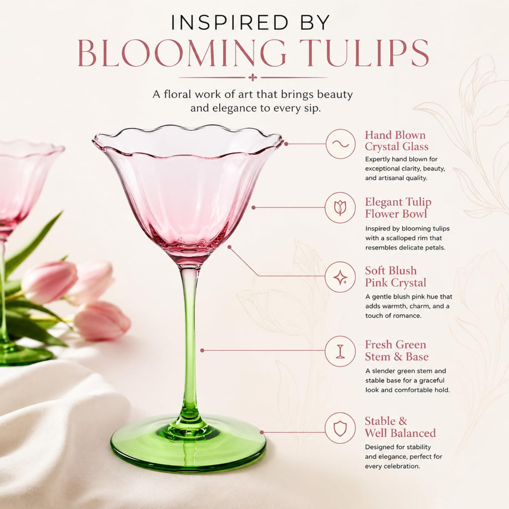 Pink Tulip Flower Cocktail Glasses 2 Set L892