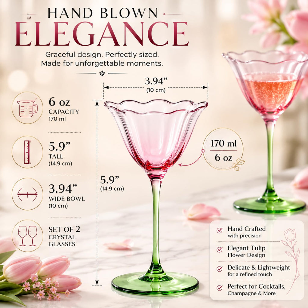 Pink Tulip Flower Cocktail Glasses 2 Set L892