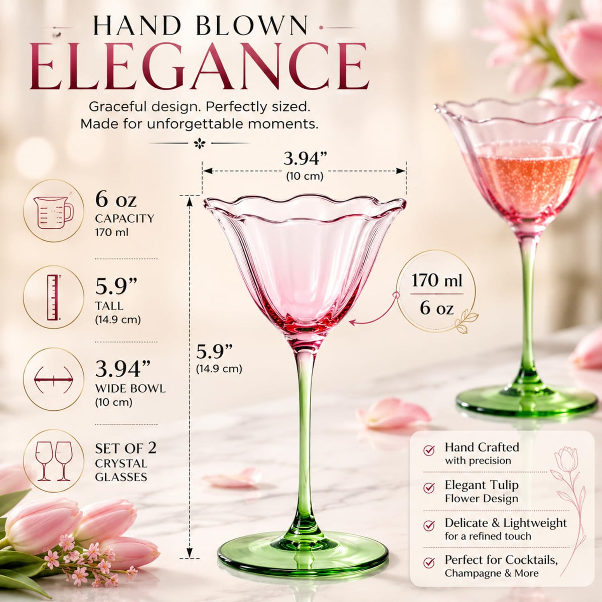 Pink Tulip Flower Cocktail Glasses 2 Set L892