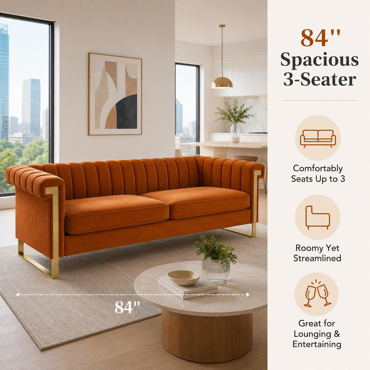 Orange Velvet Channel Tufted Sofa with Gold Metal Legs F638
