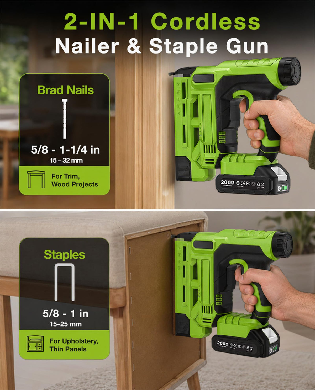 18-Gauge Cordless Brad Nailer 20V 2-in-1 Electric Nail Gun with 2 Batteries W763