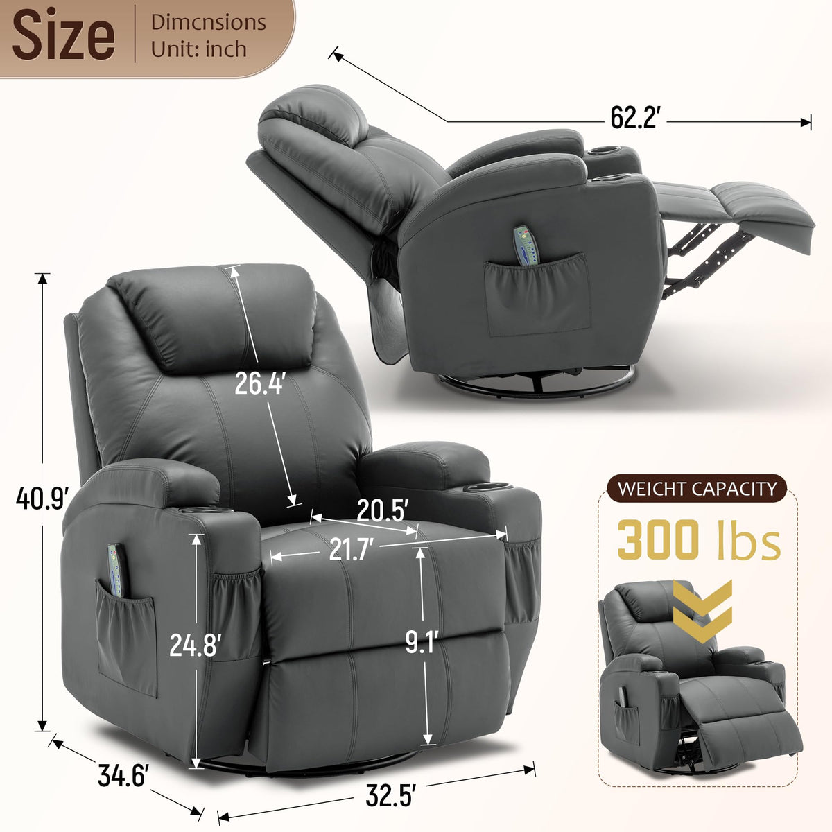 Massage Heat 360° Swivel Rocking Recliner Chair with Remote and Cup Holder I175