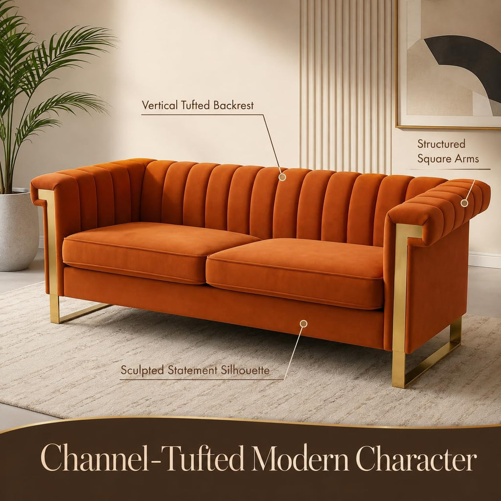 Orange Velvet Channel Tufted Sofa with Gold Metal Legs F638