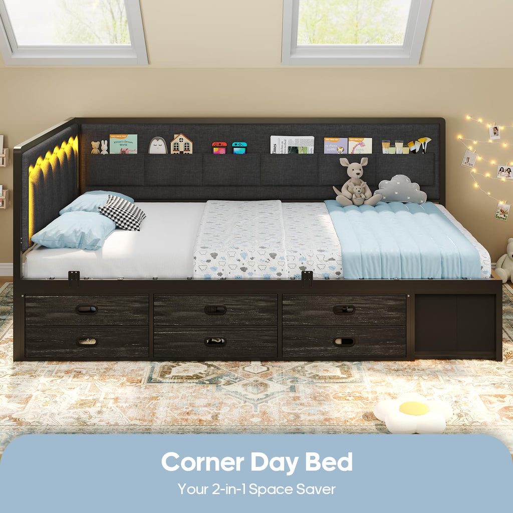 Twin Corner Bed Frame with 8 Storage Drawers and LED Lights, Grey U210