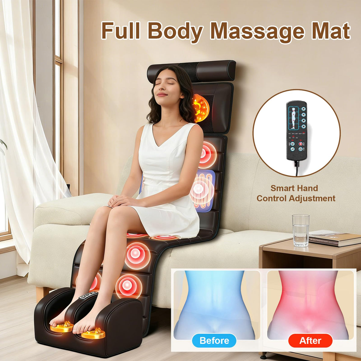 Brown Full Body Heating Massage Mat with Detachable Neck and Leg Massagers P90510