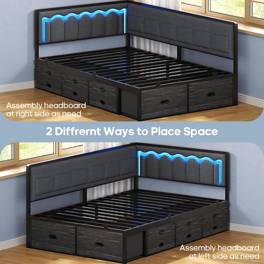 Twin Corner Bed Frame with 8 Storage Drawers and LED Lights, Grey U210