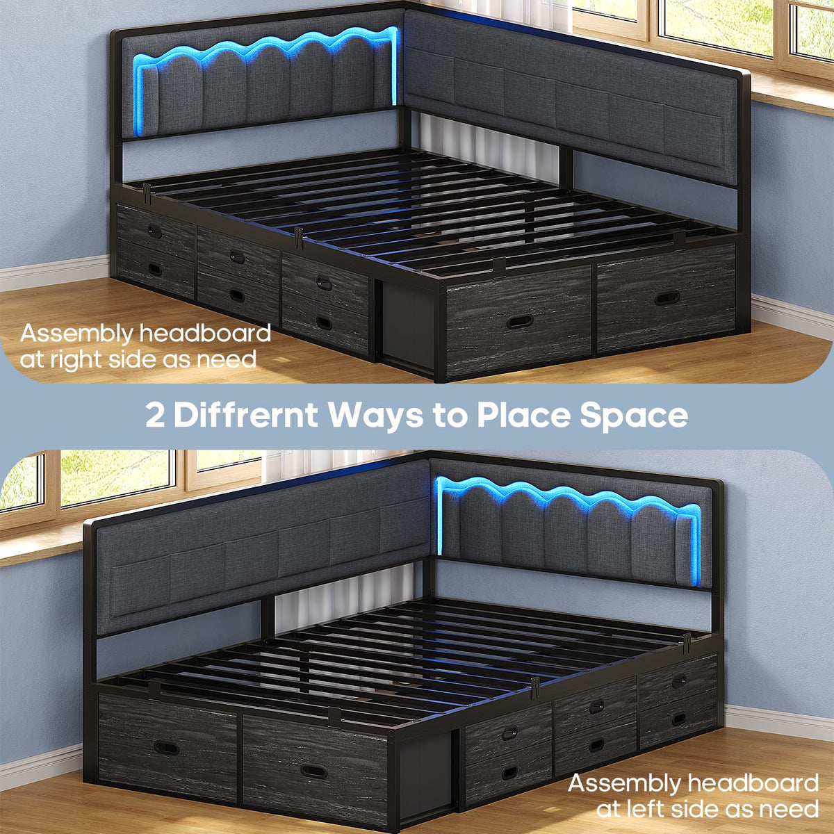 Twin Corner Bed Frame with 8 Storage Drawers and LED Lights, Grey U210