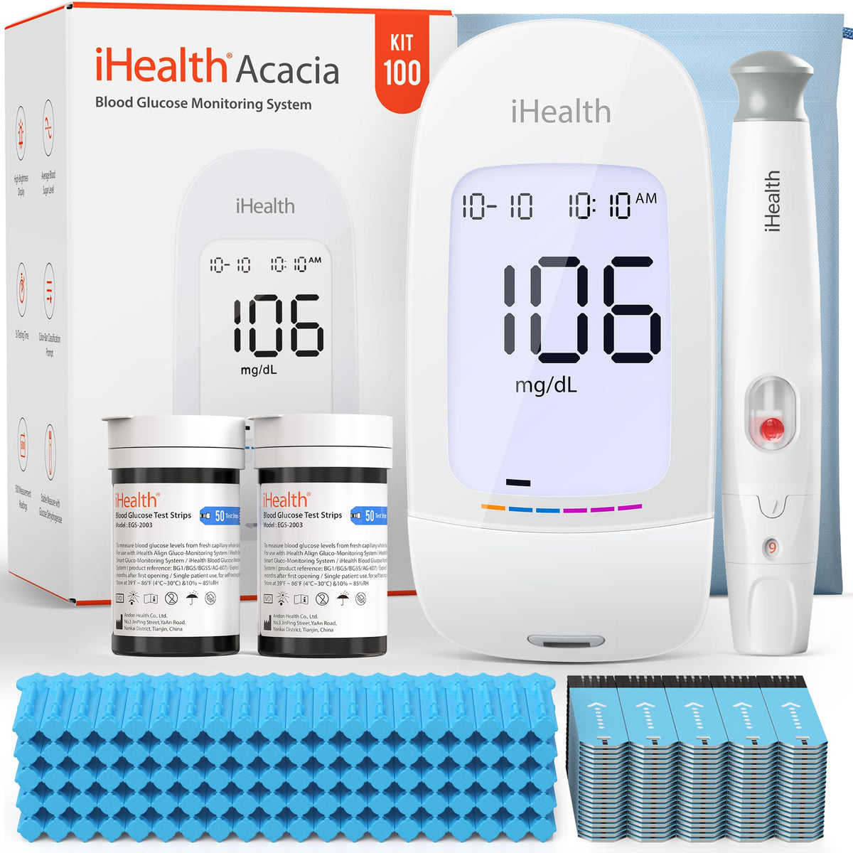 Blood Glucose Monitor Kit, 100 Strips & Lancets M8235